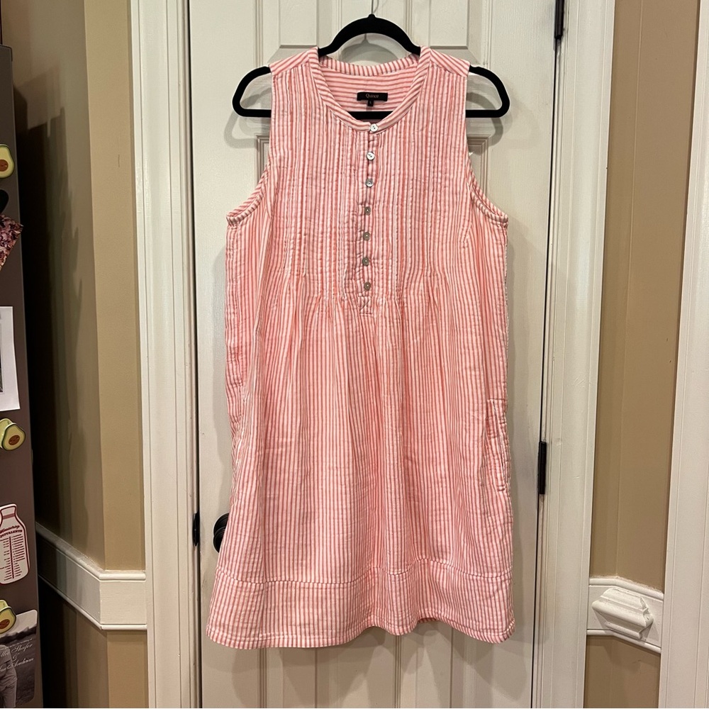 Quince 100% Organic Cotton Gauze Sleeveless Swing Dress Bayside Striped Large